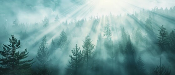 Amazing mystical rising fog dust mist forest woods trees landscape panorama banner with sunshine...