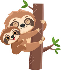 Fototapeta premium Cute Sloth Mom And Baby Cartoon Characters. Vector Illustration Flat Design Isolated On Transparent Background