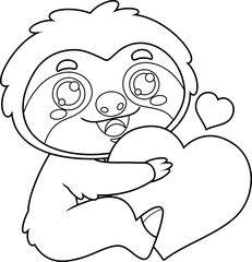 Outlined Funny Cute Sloth Cartoon Character Holding A Heart. Vector Hand Drawn Illustration Isolated On Transparent Background