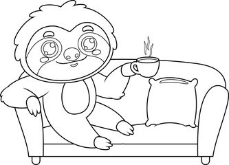 Outlined Smiling Cute Sloth Cartoon Character Sitting On A Sofa And Drinking Coffee. Vector Hand Drawn Illustration Isolated On Transparent Background