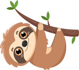 Naklejka premium Happy Cute Sloth Cartoon Character Lazy Hanging On A Tree Branch. Vector Illustration Flat Design Isolated On Transparent Background