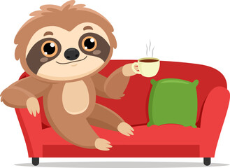 Fototapeta premium Smiling Cute Sloth Cartoon Character Sitting On A Sofa And Drinking Coffee. Vector Illustration Flat Design Isolated On Transparent Background