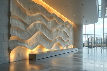 A unique interior design feature of an illuminated wall sculpture in a spacious contemporary lobby generating a soothing atmosphere