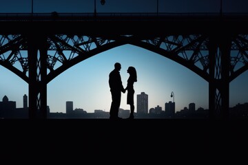 Silhouette of a romantic couple holding hands under a bridge with a cityscape background at...