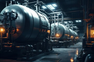 Industrial interior of a factory with huge barrels for liquid storage. Concept for storing goods, warehouse space