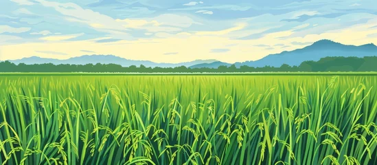Crédence de cuisine en verre imprimé Vert-citron Scenic painting depicting a vast field of rice with majestic mountains in the distance
