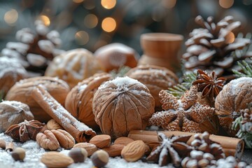 A close-up of assorted nuts and spices dusted with snow, set against a warm, bokeh light backdrop Perfect illustration of holiday season and culinary traditions