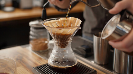 Pouring coffee filter into a glass, filter coffee preparation process, brewing