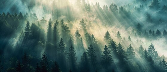 Amazing mystical rising fog dust mist forest woods trees landscape panorama banner with sunshine sunlight and sunbeams sunshine rays  - Powered by Adobe