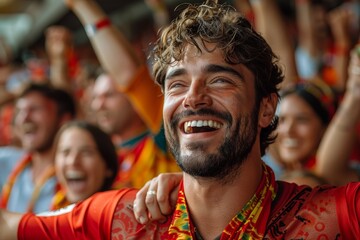 A jubilant sports fan with face paint smiles and cheers at a stadium event, surrounded by fellow spectators