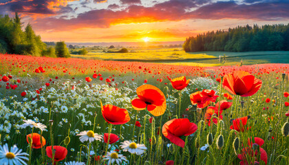 Obraz premium Summer red poppies with white flowers and a beautiful sunset