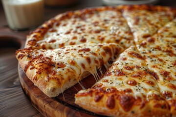 Close-up image of a delicious cheesy pizza with golden crust served on a wooden board, perfect for food-related content