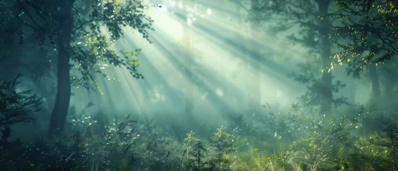 Papier Peint photo Matin avec brouillard Close up of amazing mystical rising mist fog dust forest woods trees landscape panorama banner with sun sunlight sunshine and sunbeams sunshine rays 