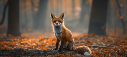 Fototapeta premium Wildlife animal photography background - Wild fox in the forest with autumnal fallen autumn leaves