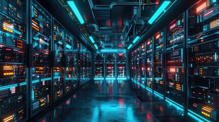 AI Content Generation. Panoramic server room view showing AI's power in data handling - Powered by Adobe
