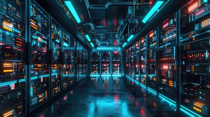 AI Content Generation. Panoramic server room view showing AI's power in data handling