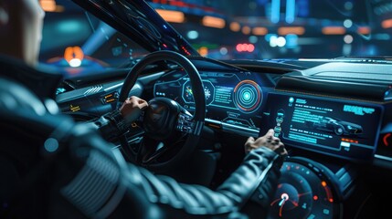 AI Content Generation. Futuristic car with driver talking to AI virtual assistant dashboard