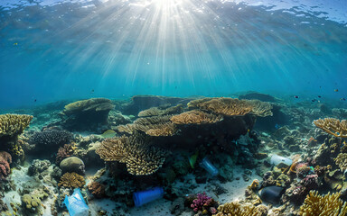 coral reef polluted with plastic waste, environmental pollution