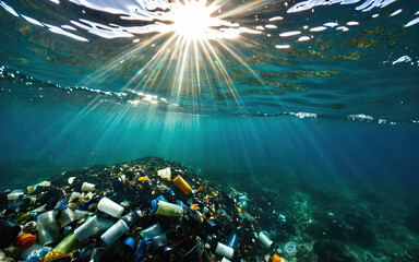 pile of garbage at the bottom of the sea/ocean, environmental pollution, stop plastic
