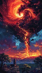 Illustrate a surreal scene of elemental chaos in a pixel art style, inspired by the view of a tornado ripping through a landscape from ground level Use vibrant colors and sharp lines to depict the des