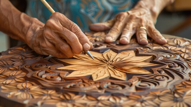 Close up hands of elderly woodcarver at work, handcrafting with wood, beautiful ornament
