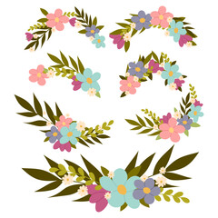 Set of vector illustrations of twigs with flowers for decoration. Decorative botanical elements in flat style. Flowers in flat style.