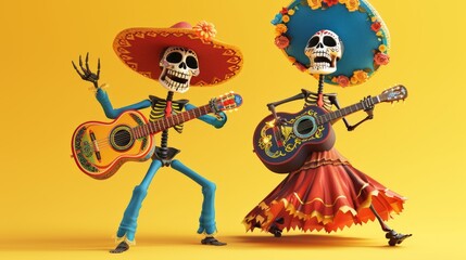 Beautiful skeleton set isolated on yellow background in three dimensions. One has guitar, the other does not.