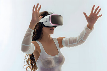 Young woman using virtual reality headset Isolated on light background studio portrait. 