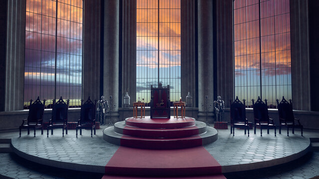 Throne of a medieval king on a raised platform with sunset seen through large windows in the background. 3D rendered illustration.