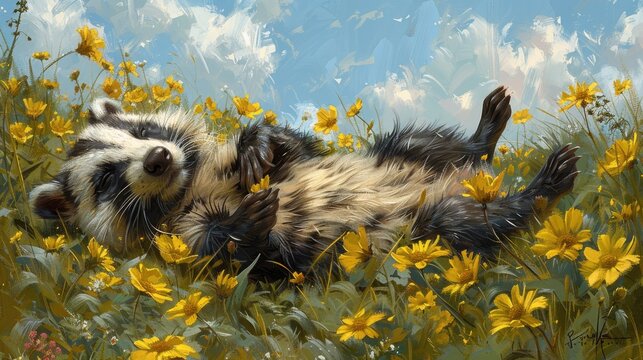 Badger in wildlife. Badger Rolling and Frolicking in Grassy Meadow.