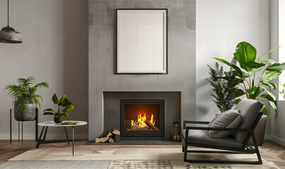 Mockup frame above the fireplace in the living room. 3d render.