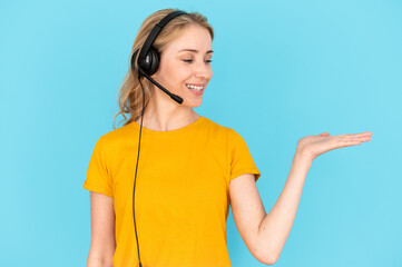 Call center operator in headset holding open palm hand with offer for clients