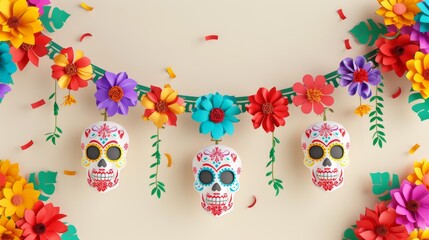 Fototapeta na wymiar Day of the dead colorful paper garlands, papel picado, isolated on ivory background.