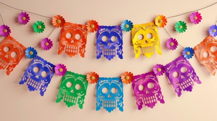 Colorful, illustrated day of the dead paper garlands, papel picado, on ivory background.