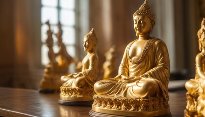A row of golden Buddha statues is bathed in the soft light filtering through the window.