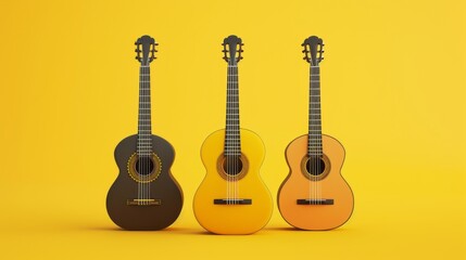 Illustration of a trio of 3D illustrated guitars with a yellow background. Classical guitar with a pattern and classical guitar without a pattern.