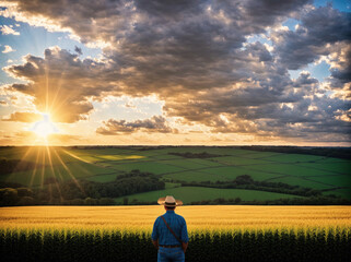 A man standing in a field at sunset, looking out at the horizon.