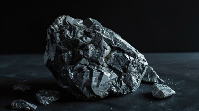 Macro photography, close-up shot, raw, uncut, unrefined silver ore rocks, isolated against modern black background. Bright, studio lighting, bokeh, mining, mined