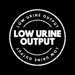Low Urine Output also known as oliguria, refers to a condition where the body produces a reduced amount of urine, text concept stamp