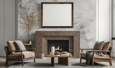 Mockup frame above the fireplace in the living room. 3d render.