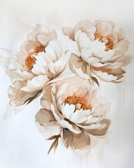 Oil painting beige peonies on a light background, botanical painting, neutral painting, floral print, vintage peonies