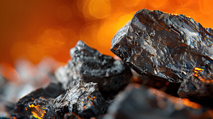 Macro photography, close-up shot, raw, uncut, unrefined silver ore rocks, isolated against modern orange background. Bright, studio lighting, bokeh, mining, mined