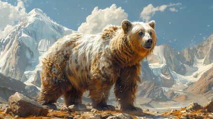 Wild Bear Captured in its Natural Habitat. Himalayan Brown Bear Roaming Alpine Plateau. - obrazy, fototapety, plakaty