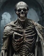 Creepy visual of a realistic skeleton standing ominously in a misty graveyard, exuding a chilling horror atmosphere.