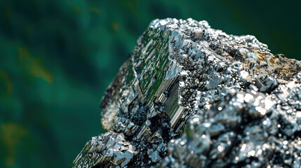Macro photography, close-up shot, raw, uncut, unrefined silver ore rocks, isolated against modern green background. Bright, studio lighting, bokeh, mining, mined