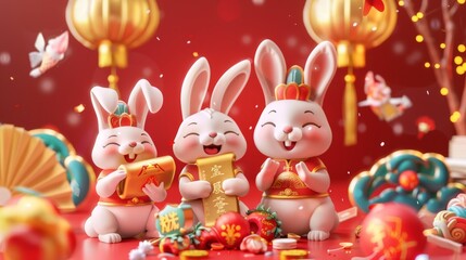 The Chinese new year poster featuring a cute illustration of rabbits holding paper scrolls and gold ingots. The back also features Koi fish and Chinese new year decorations. The text reads:Jaded