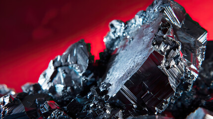 Macro photography, close-up shot, raw, uncut, unrefined silver ore rocks, isolated against modern red background. Bright, studio lighting, bokeh, mining, mined