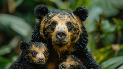 Wild Bear Captured in its Natural Habitat. Spectacled Bear Mother Nuzzling Cubs in Dense Jungle. - obrazy, fototapety, plakaty