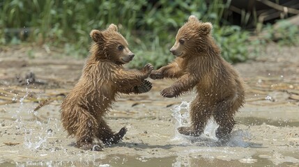 Obraz premium Wild Bear Captured in its Natural Habitat. Bear Cubs Wrestling and Tumbling in Green Meadow.