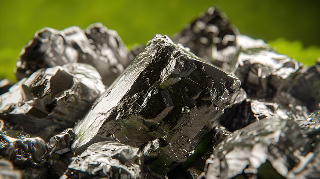 Macro photography, close-up shot, raw, uncut, unrefined silver ore rocks, isolated against modern green background. Bright, studio lighting, bokeh, mining, mined